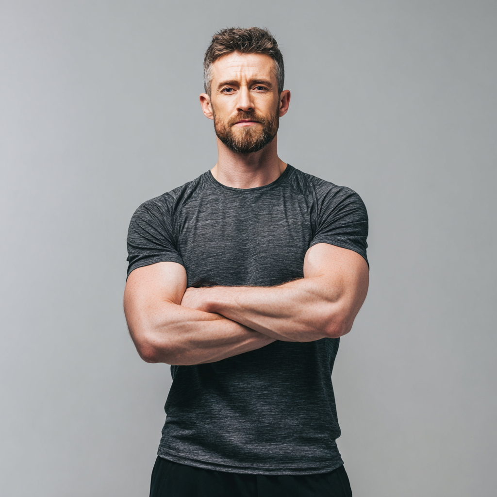 Strong confident man in athletic wear standing with arms crossed, representing male strength and determination